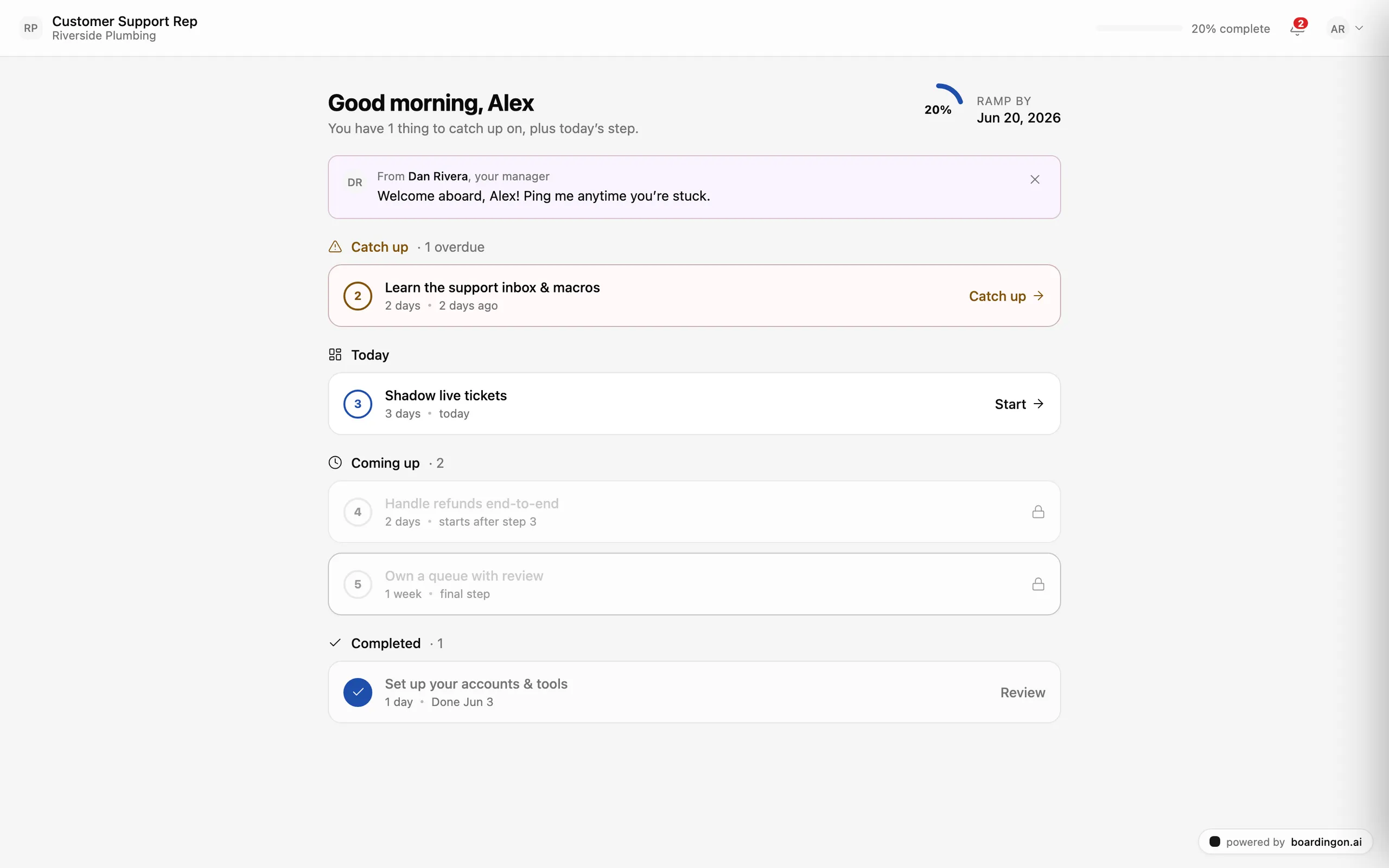 A new hire's onboarding view, with steps grouped into catch up, today, coming up, and completed