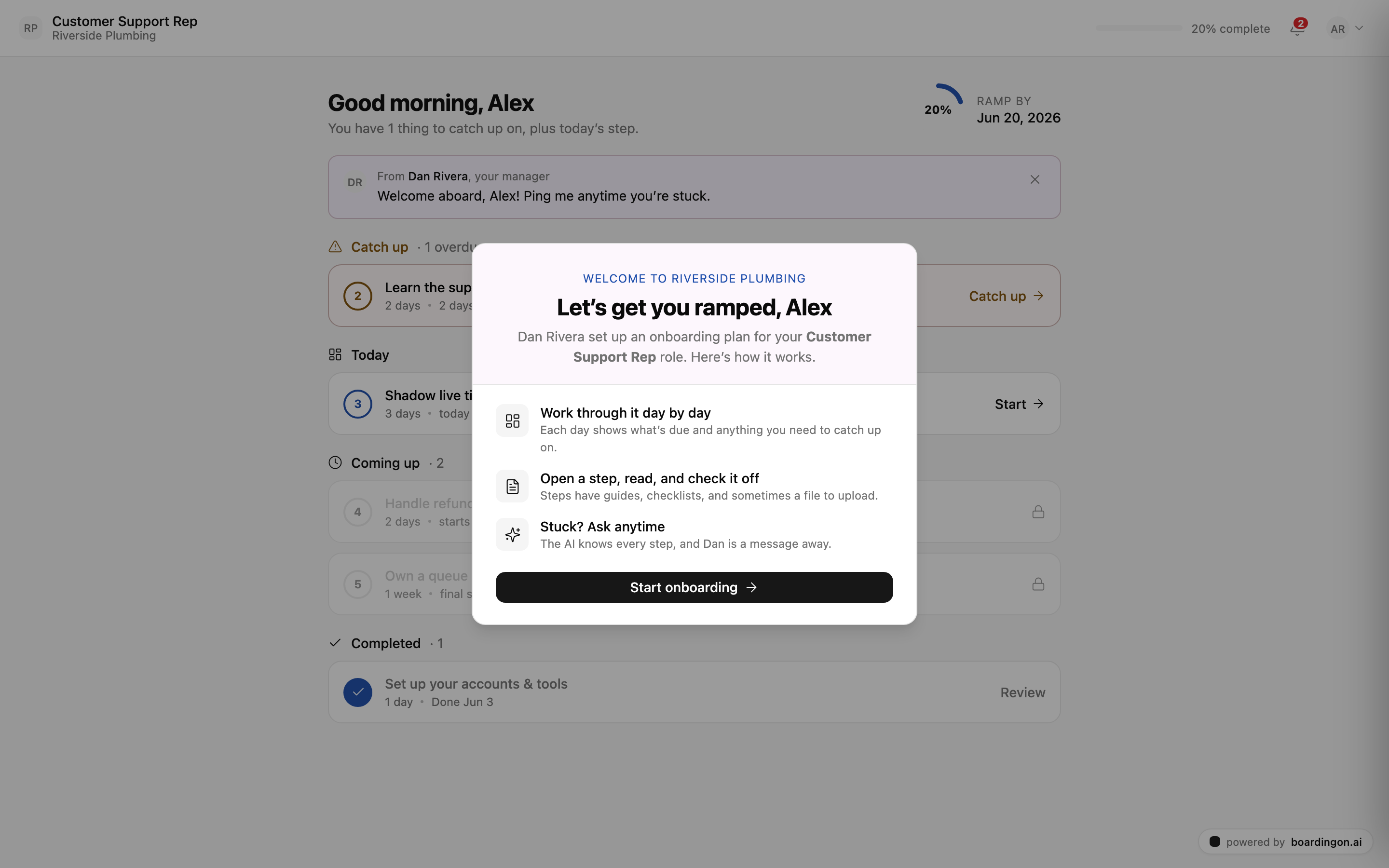 The first-time welcome on “My Onboarding”