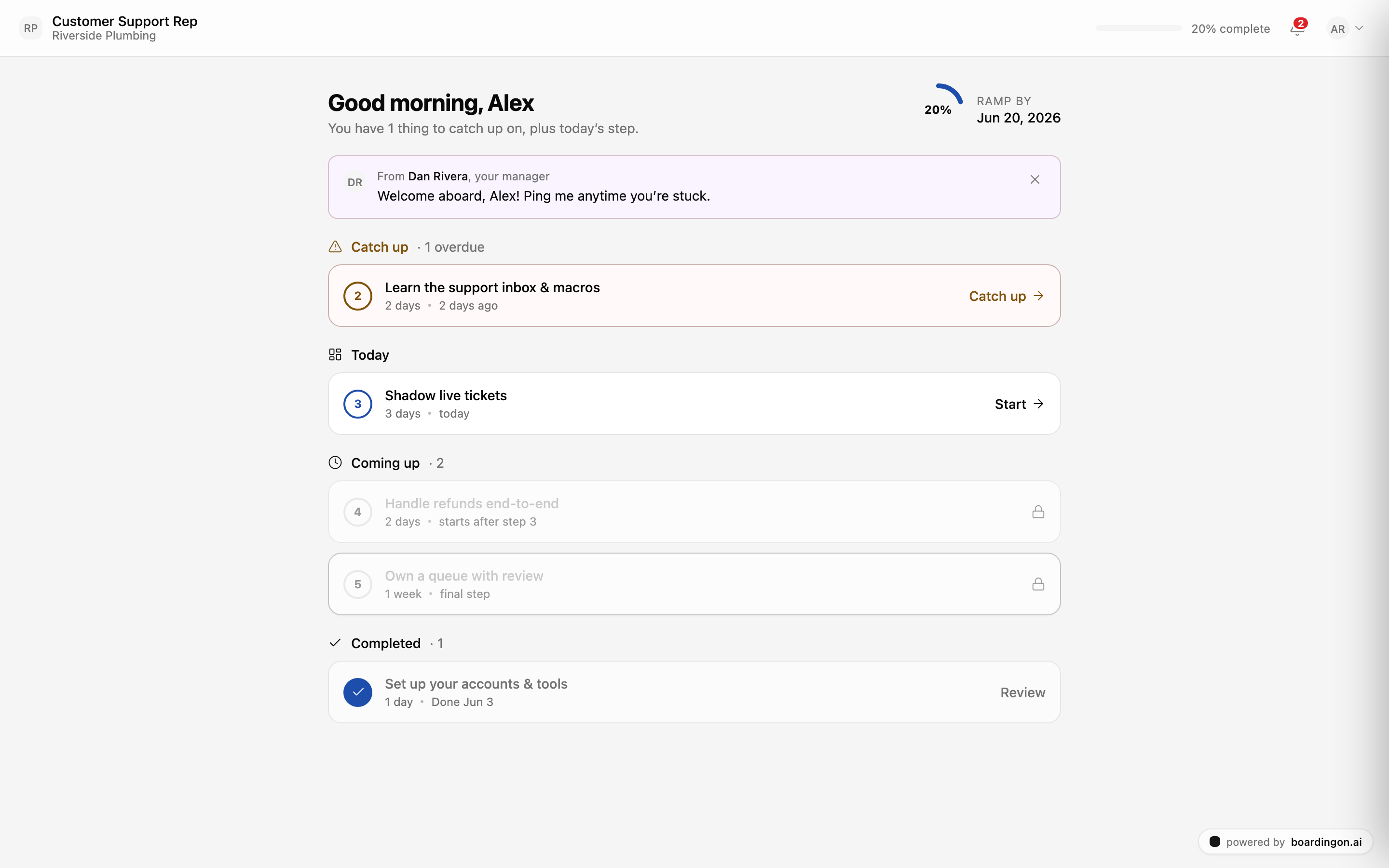 The hire’s “My Onboarding” page — their daily view