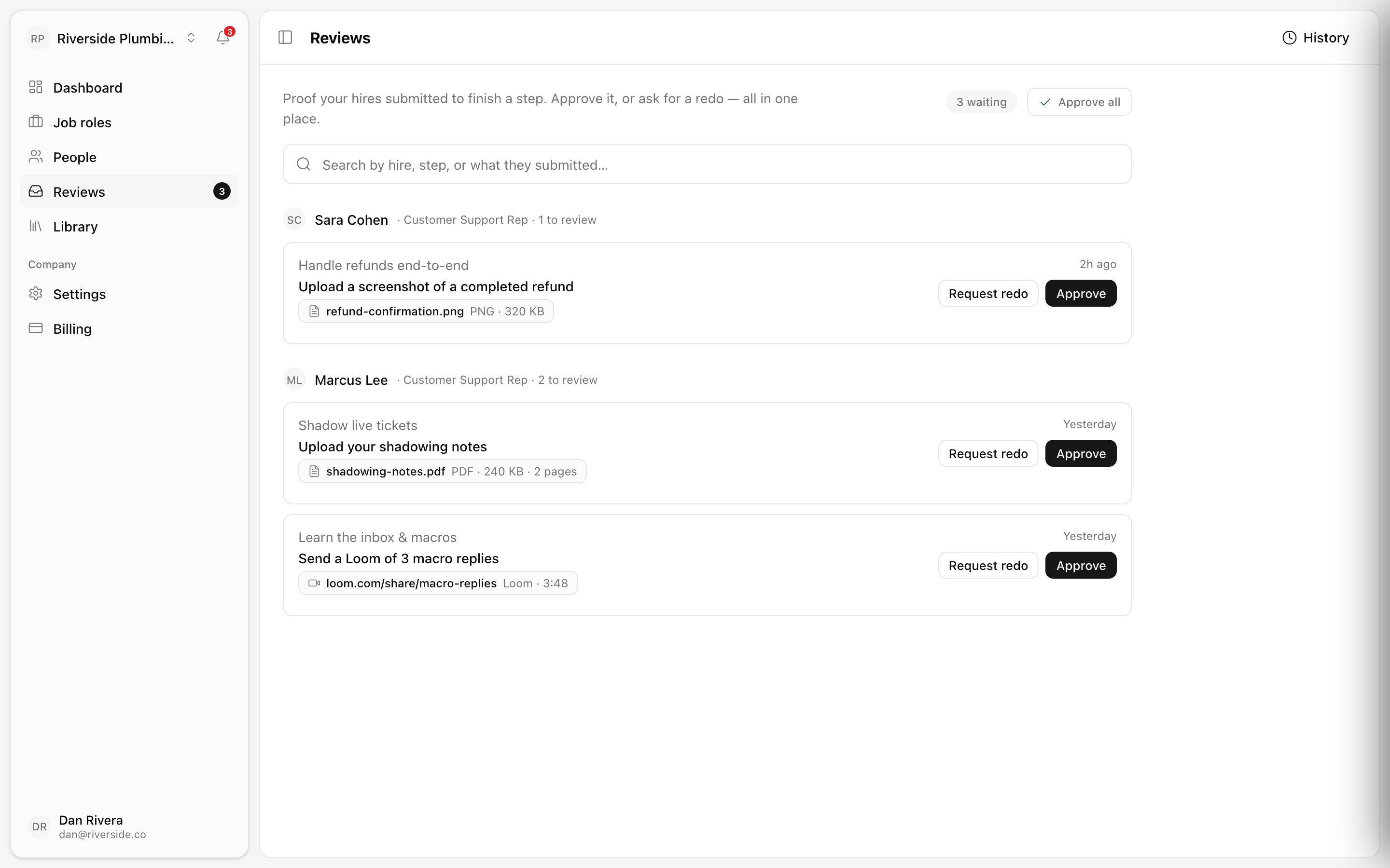 The Reviews inbox — proof grouped by hire
